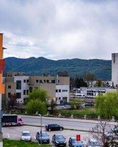 a parking lot with cars parked in front of buildings at Apartament Deea in Orşova