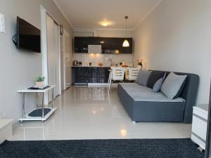 a living room with a couch and a kitchen at Umberto Apartamenty Dwupoziomowe Dąbki in Dąbki