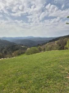 a field of green grass with mountains in the background at Caravane dans les Cévennes in Saint-Germain-de-Calberte