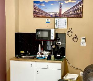 a kitchen with a counter with a sink and a microwave at Luna Guest House in Pisa