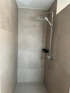 a shower with a shower head in a bathroom at Seebrise in Geeste