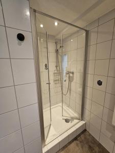 a shower with a glass door in a bathroom at Ferienwohnung Alina in Rust +4 photos