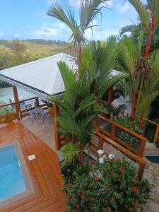 a patio with a swimming pool and palm trees at T-SYSSY LOFT au MARIN, SECTEUR GRAND SUD, EN PROXIMITE SAINTE ANNE ET DIRECTION DU VAUCLIN in Le Marin