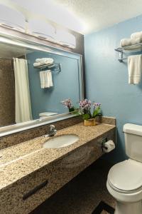 La salle de bains est pourvue d'un lavabo, de toilettes et d'un miroir. dans l'établissement Studio 6 Amarillo, TX West Medical Center, à Amarillo