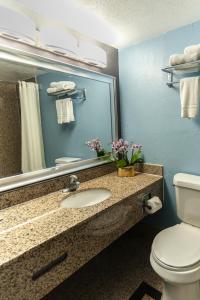 a bathroom with a sink and a toilet and a mirror at Studio 6 Amarillo, TX West Medical Center in Amarillo
