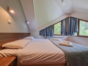 a bedroom with two beds and two windows at Villa Deja Vu Private Jacuzzi & Sauna, Fireplace, 3 Bedrooms, near Bansko in Razlog