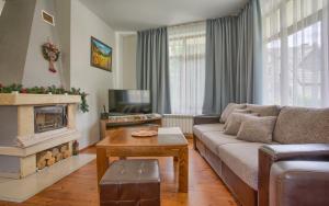 a living room with a couch and a fireplace at Villa Deja Vu Private Jacuzzi & Sauna, Fireplace, 3 Bedrooms, near Bansko in Razlog
