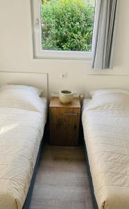two twin beds in a room with a window at Veluwe Droom Chalet in Hoenderloo +33 photos