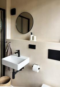 a bathroom with a white sink and a mirror at Tiny House 1 mit Garten in der Lüneburger Heide in Soltau