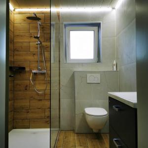 a bathroom with a shower and a toilet and a window at Mountain View Mojstrana in Mojstrana