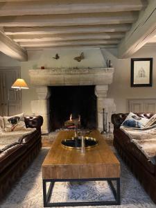 a living room with a fireplace and a coffee table at Lodge de Loire - B & B proche Chambord in Saint Laurent Nouan +21 photos