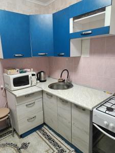 a small kitchen with a sink and a microwave at 2 кімнатні апартаменти в центрі міста in Pavlohrad