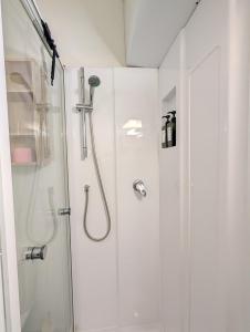 a bathroom with a shower with a glass door at Le Studio Évasion Tropicale in Quimper +24 photos