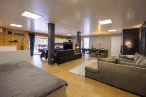 a living room with a couch and a dining room at Studio with Pool Table and Optional Sauna & Hot Tub in Zwaanshoek