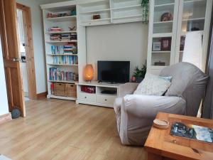 a living room with a chair and a television at Teach Barney in Falcarragh
