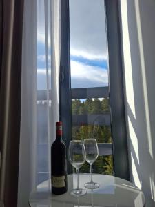 a bottle of wine and two wine glasses on a table at Srebrna Jela in Žabljak +48 photos