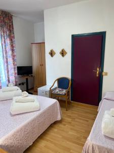 a room with two beds and a purple door at Hotel Rialto in Riva del Garda