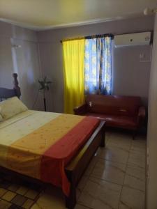 a bedroom with two beds and a couch and a window at Sea View Guest Accommodation in Roseau