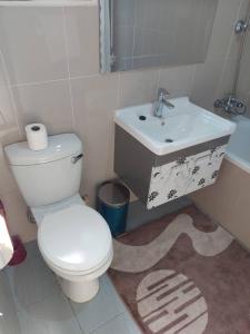 a bathroom with a white toilet and a sink at Samfya waterfront lodge  +13 photos