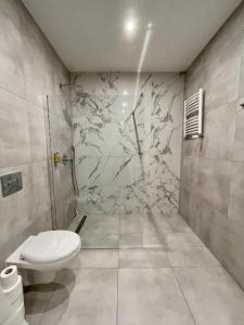 a bathroom with a toilet and a marble wall at BOOGIE Home Kamienica Łódzka in Łódź +124 photos