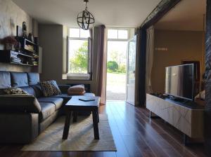 a living room with a couch and a tv at ChâtEscos - Estudio en Château in Escos