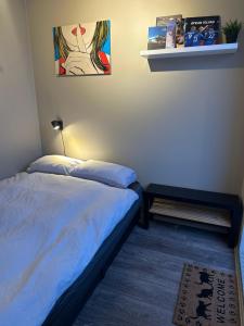 a bedroom with a bed and a picture on the wall at Studio with Private Spa Garden in Njarðvík