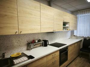 a kitchen with wooden cabinets and a counter top at Pilnų namų bendruomenė in Panara
