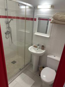 a bathroom with a shower and a toilet and a sink at Le Petit QG in Schœlcher