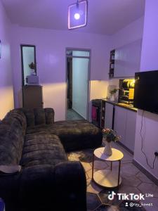 a living room with a couch and a kitchen at Royalty homes in Kiambu