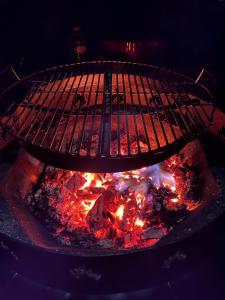 a grill with meat and fire in a fireplace at Le chalet des Cambuses in Saint Die +42 photos