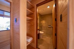 a bathroom with a toilet and a walk in shower at Cuyul Lodge in Malalcahuello +26 photos