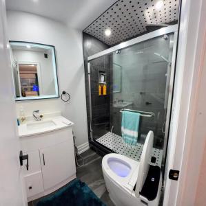 a bathroom with a shower and a toilet and a sink at Private Bedroom with Ensuite in Toronto +22 photos