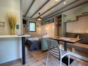 a room with a bed and a table and a desk at Chalet avec animaux acceptés - 2 pers. - API-1-52-2308 in Coulon