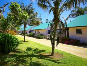 un grupo de palmeras frente a un edificio en Poinciana Cottages, en Burnt Pine