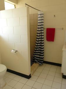 a bathroom with a toilet, sink, and shower stall at Chillagoe Cockatoo Hotel Motel in Chillagoe
