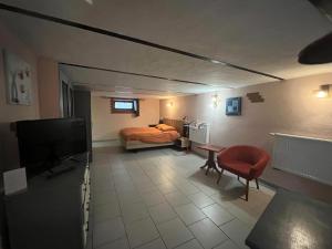 a room with a bedroom with a bed and a television at Meublé Celtic in Niederbronn-les-Bains