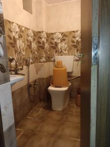 a bathroom with a toilet with a hat on it at Hotel Atithi Palace in Jabalpur +9 photos