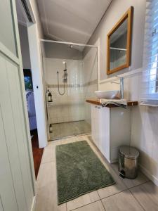 a bathroom with a shower and a sink and a mirror at Hillside Hideaway - Your Base for the Region in Cawongla