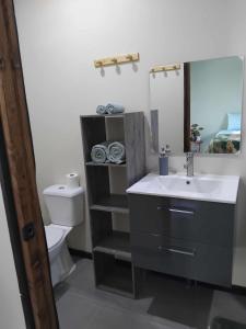 ein Badezimmer mit Waschbecken, Toilette und Spiegel in der Unterkunft Fare anuhe in Bora Bora