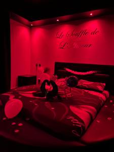 a red bedroom with two swans laying on a bed at Le souffle de l’amour in Melun