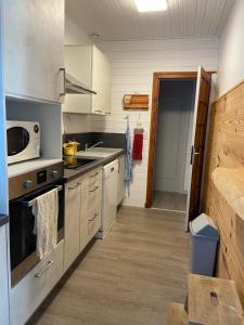 a kitchen with a sink and a microwave at La Faute Sur Mer in La Faute-sur-Mer