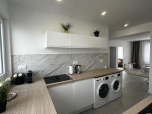 a kitchen with a washer and dryer on a counter at Centre-ville de Saint-Brieuc in Saint-Brieuc