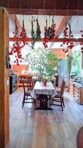 a dining room with a table with a plant on it at Dom Pod Złotym Bażantem in Kobiela