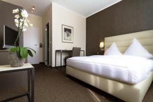 a hotel room with a large bed and a television at Hotel Fischerhaus in Düsseldorf +16 photos