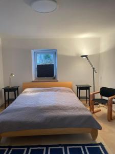 a bedroom with a large bed and a window at Chalet am Bärenpfad in Neuschönau
