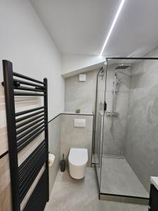 a bathroom with a glass shower and a toilet at Stilvolle Wohnung mit Balkon & Parkplatz in Moers - Ideal für Business, Familien und Monteure nahe Düsseldorf in Moers