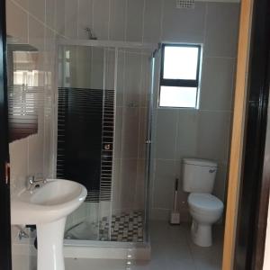 a bathroom with a shower and a sink and a toilet at Likhanyile Guest Lodge in Nhlangano +30 photos