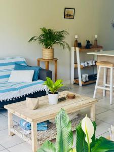 a living room with a coffee table and plants at The Zhen in Strand +15 photos