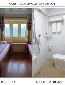 two pictures of a bathroom with a toilet and a sink at Fast food in Lukla