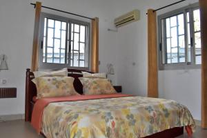 a bedroom with a bed and two windows at Villa les 3 oisillons in Kribi